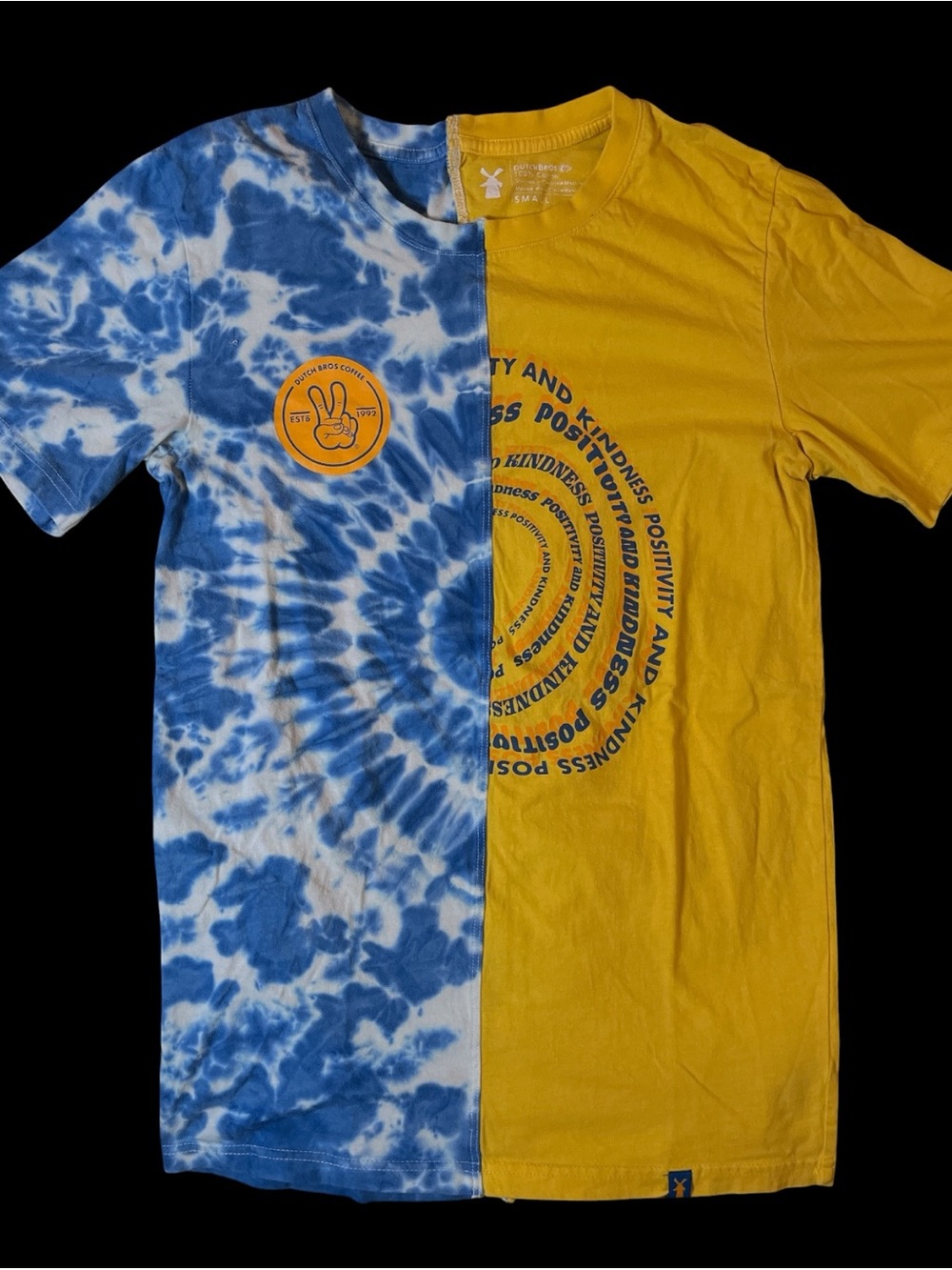 Dutch Bros Blue Tie-Dye Patchwork and Yellow Short Sleeve Tee Womans Small!